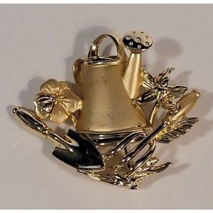 Vintage OAJC Gold Tone Watering Can & Flowers Brooch Pin Spring Gardener 2.75"